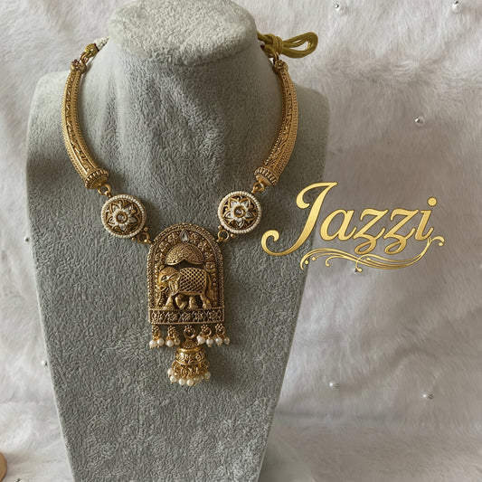 Antique Gold Elephant Motif Choker & Jhumka Set