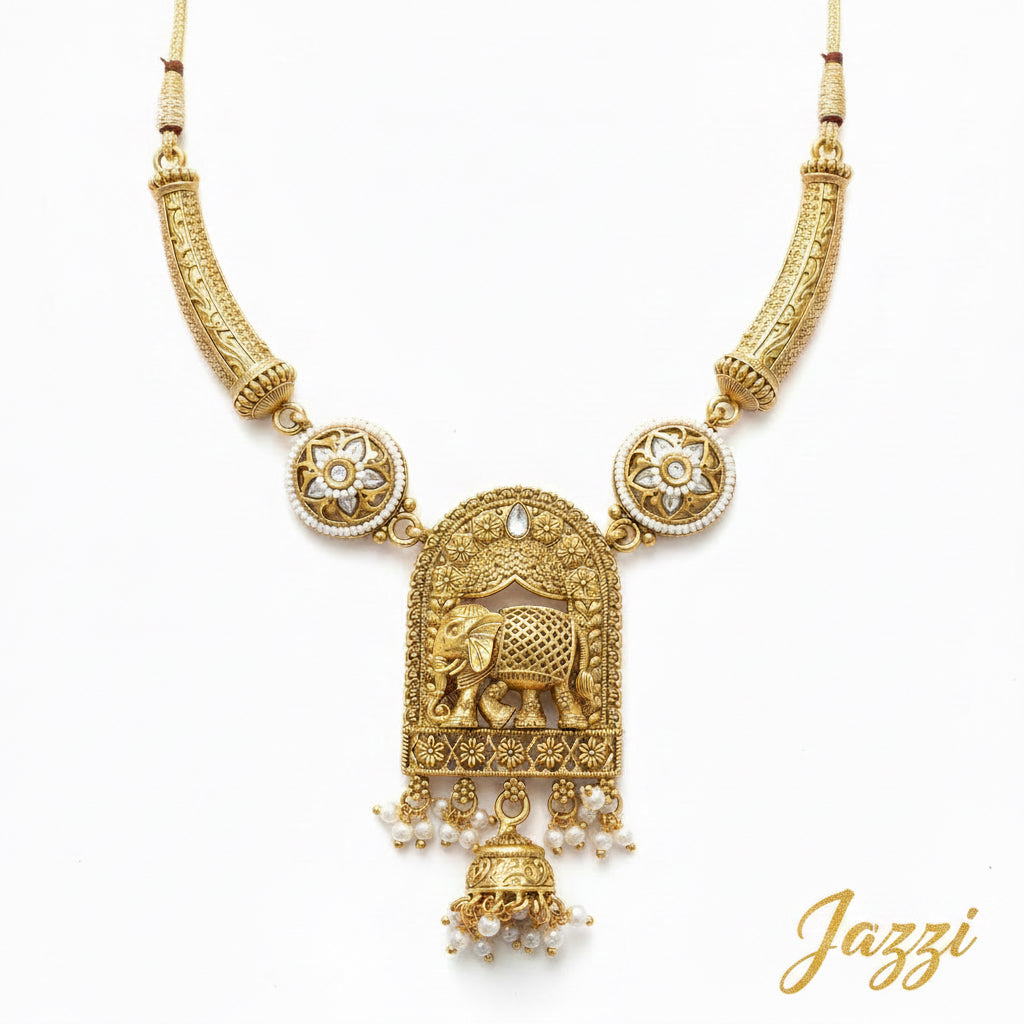 Antique Gold Elephant Motif Choker & Jhumka Set