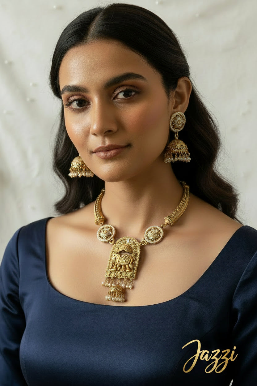 Antique Gold Elephant Motif Choker & Jhumka Set
