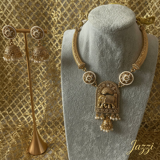 Antique Gold Elephant Motif Choker & Jhumka Set