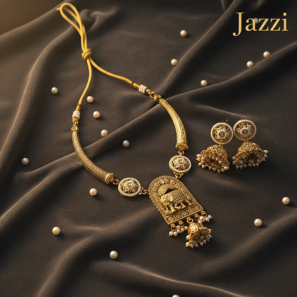 Antique Gold Elephant Motif Choker & Jhumka Set