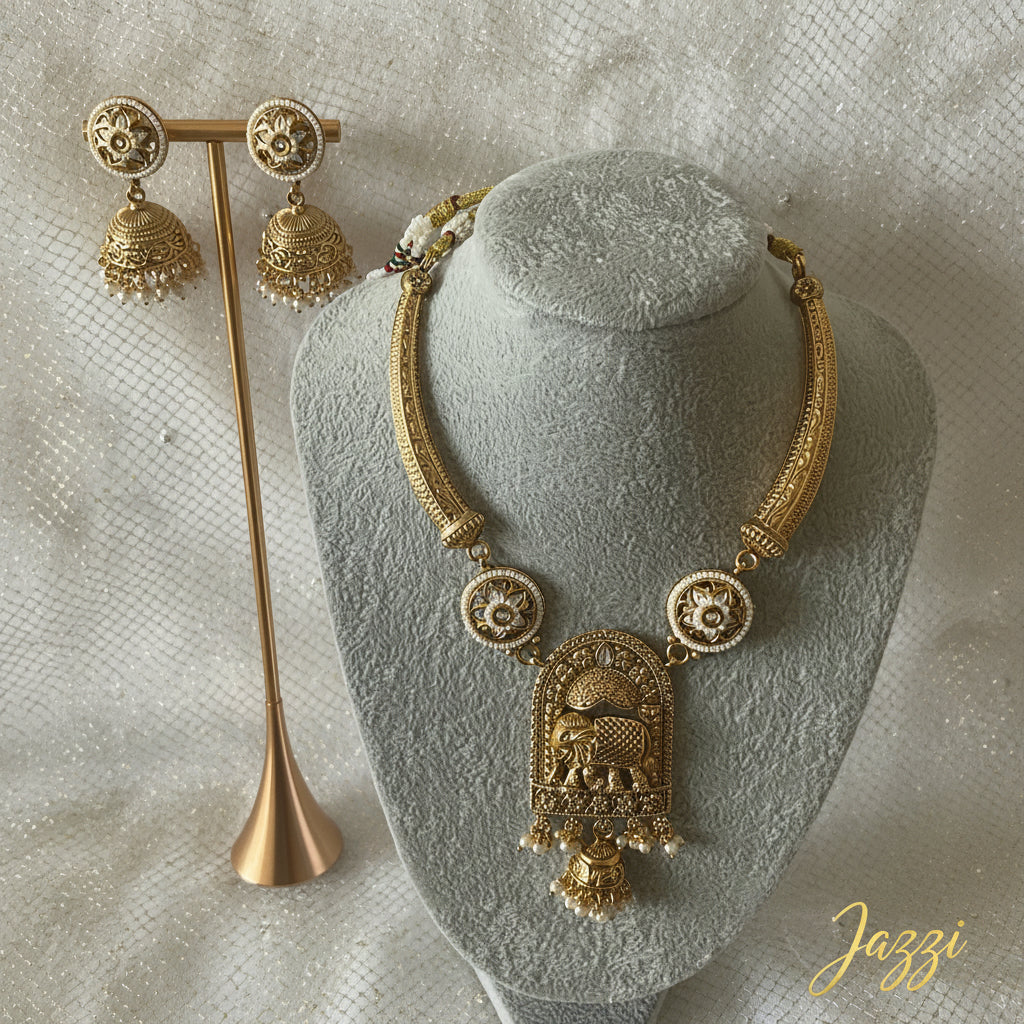 Antique Gold Elephant Motif Choker & Jhumka Set