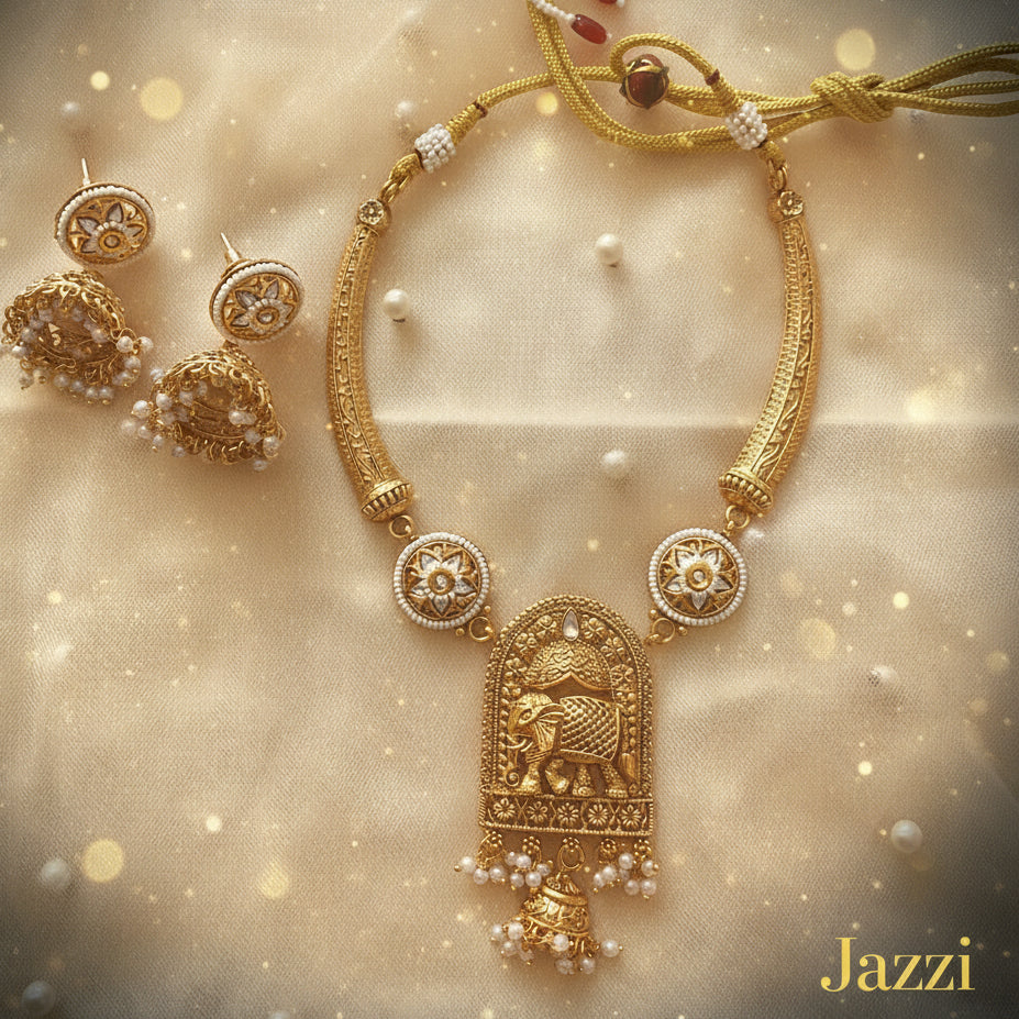 Antique Gold Elephant Motif Choker & Jhumka Set