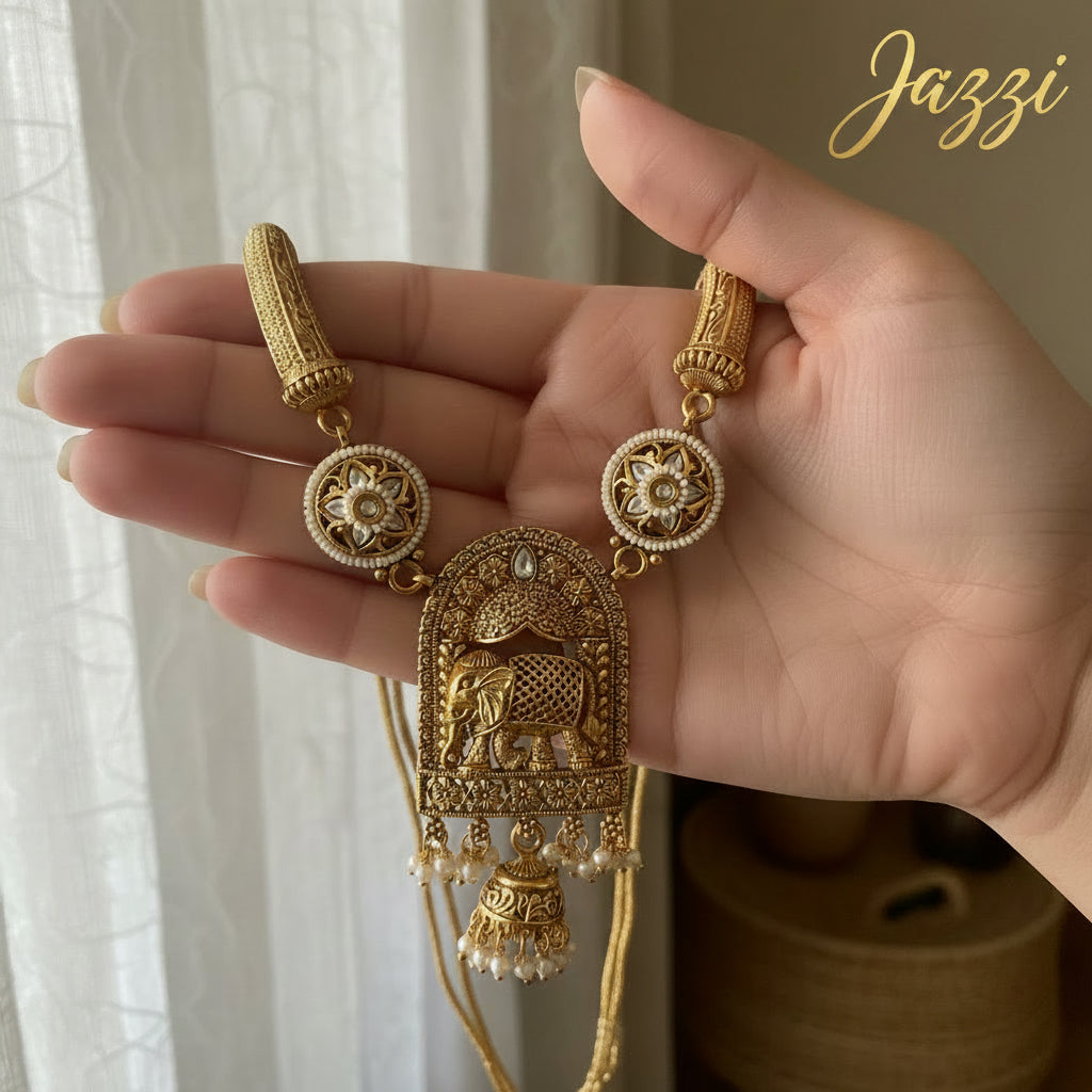 Antique Gold Elephant Motif Choker & Jhumka Set