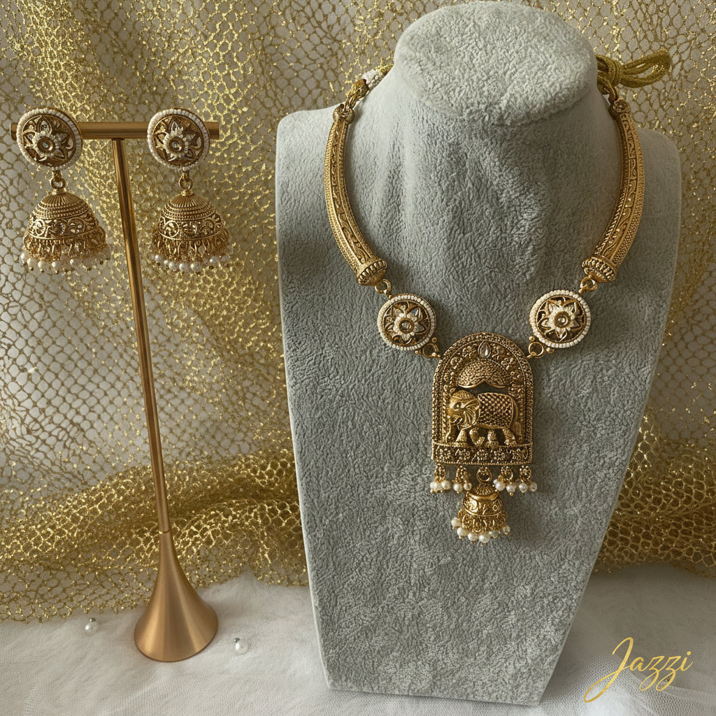 Antique Gold Elephant Motif Choker & Jhumka Set